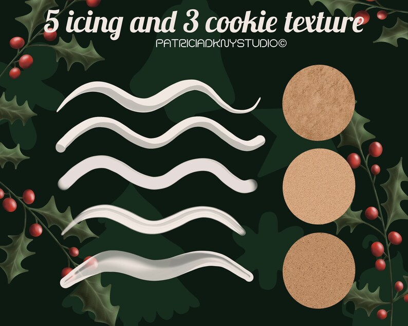 May include: Five white icing textures and three brown cookie textures on a green background with holly leaves and red berries. The text "5 icing and 3 cookie texture" and "PATRICIADKNYSTUDIO&copy;" are at the top of the image.