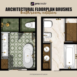 Puede incluir: Pinceles digitales de planos arquitectónicos para Procreate, "Edición Baño". La imagen muestra dos diseños de baños con accesorios detallados, incluyendo una bañera, lavabos e inodoros. Se muestra el texto "ARCHITECTURAL FLOORPLAN BRUSHES bathroom edition".
