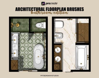 Puede incluir: Pinceles digitales de planos arquitectónicos para Procreate, "Edición Baño". La imagen muestra dos diseños de baños con accesorios detallados, incluyendo una bañera, lavabos e inodoros. Se muestra el texto "ARCHITECTURAL FLOORPLAN BRUSHES bathroom edition".
