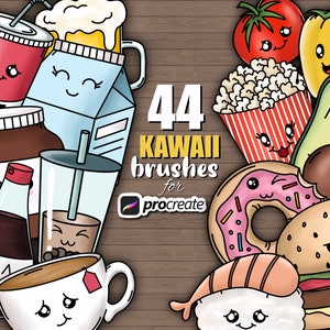 May include: 44 Kawaii brushes for Procreate.  The image shows a collection of cute cartoon food items, including a donut, avocado, sushi, hamburger, popcorn, milk carton, coffee cup, and soda.  The brushes are designed for use with the Procreate app.