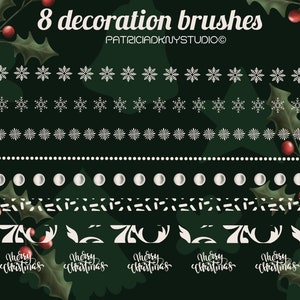 May include: Eight white Christmas-themed decoration brushes on a dark green background with holly leaves and red berries. The brushes include snowflakes, dots, swirls, and the text "Merry Christmas".