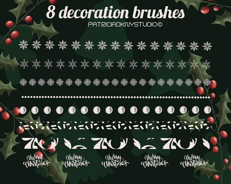 May include: Eight white Christmas-themed decoration brushes on a dark green background with holly leaves and red berries. The brushes include snowflakes, dots, swirls, and the text "Merry Christmas".