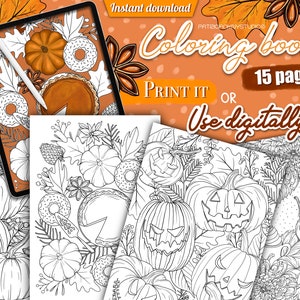 Autumn themed coloring book, Thanksgiving coloring pages for adults, Halloween themed coloring book for kids, fall themed coloring pages