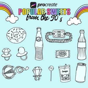 Procreate brushes, 90s icons, Procreate stamp brushes from the 2000s, old school doodles, retro, groovy brushes, 90’s sweets and games image 3