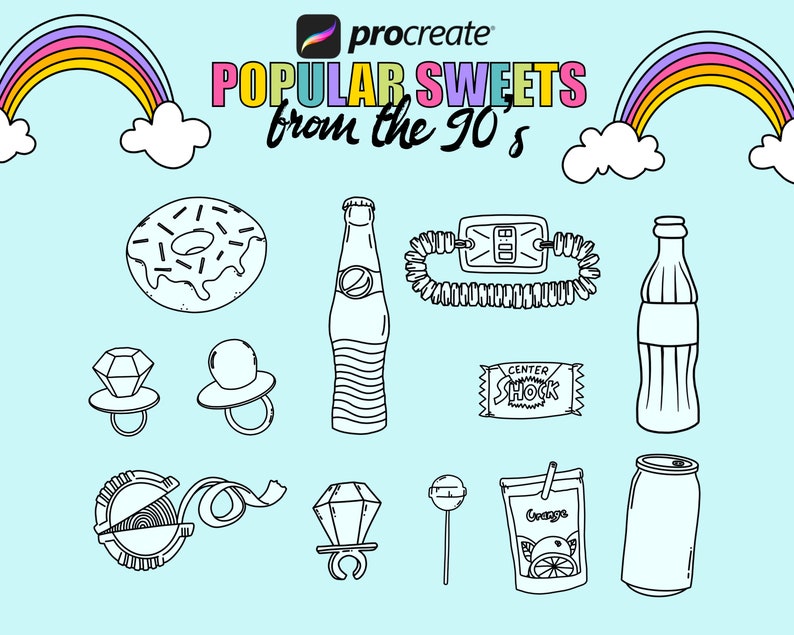 Procreate brushes, 90s icons, Procreate stamp brushes from the 2000s, old school doodles, retro, groovy brushes, 90’s sweets and games image 3