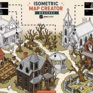 May include: An isometric map creator brush set for Procreate featuring a collection of digital illustrations including a bookstore, church, gazebo, trees, a pumpkin patch, a haunted house, and a graveyard with ghosts, all rendered in a line art style.