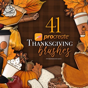 Puede incluir: 41 pinceles de Procreate para el Día de Acción de Gracias para el arte digital. La imagen presenta una variedad de elementos con temática otoñal, incluyendo calabazas, hojas, pastel, café y un sombrero de peregrino.