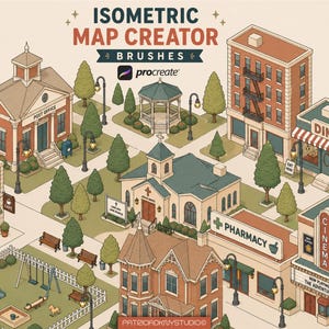 May include: Isometric map creator brushes for Procreate, featuring a detailed illustration of a town with a post office, church, diner, pharmacy, and cinema. The image includes trees, street lamps, and the text "ISOMETRIC MAP CREATOR BRUSHES" and "PATRICIADKUYSTUDIO".