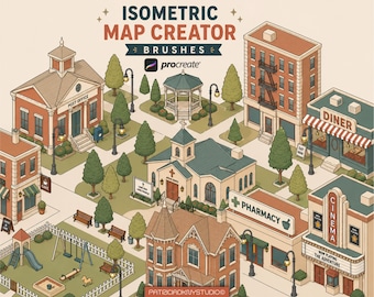 May include: Isometric map creator brushes for Procreate, featuring a detailed illustration of a town with a post office, church, diner, pharmacy, and cinema. The image includes trees, street lamps, and the text "ISOMETRIC MAP CREATOR BRUSHES" and "PATRICIADKUYSTUDIO".