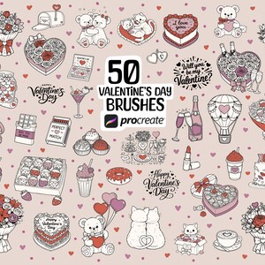 May include: A collection of 50 Valentine's Day brushes for Procreate, featuring various illustrations. The image includes cakes, flowers, teddy bears, hearts, and text that says "Happy Valentine's Day" and "Will you be my Valentine?"