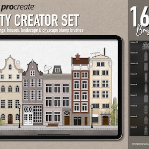 Procreate Brushes, City creator, building stamps, house lineart brushes, building mix & match, town builder