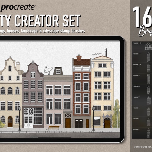 Procreate Brushes, City creator, building stamps, house lineart brushes, building mix & match, town builder