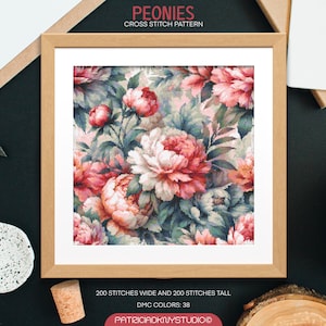 Patrones punto de cruz peonías PDF, bordados florales coloridos, forma cuadrada, cuadro punto de cruz ramo de flores, patrones punto x