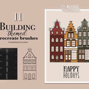May include: A digital illustration of three colorful buildings with the text "HAPPY HOLIDAYS" below. The illustration is part of a set of 11 building themed procreate brushes.