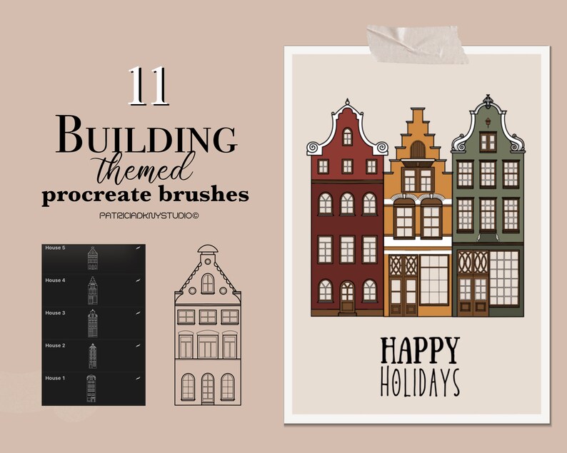 May include: A digital illustration of three colorful buildings with the text "HAPPY HOLIDAYS" below. The illustration is part of a set of 11 building themed procreate brushes.