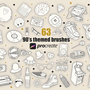 Old school Procreate stamp brushes, 2000’s, 90s icons, old skool doodles, retro, groovy brushes, 90’s sweets, electronics and games