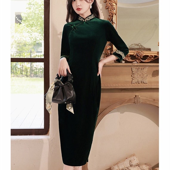 Autumn/winter green velvet lace cheongsam Dark-green L