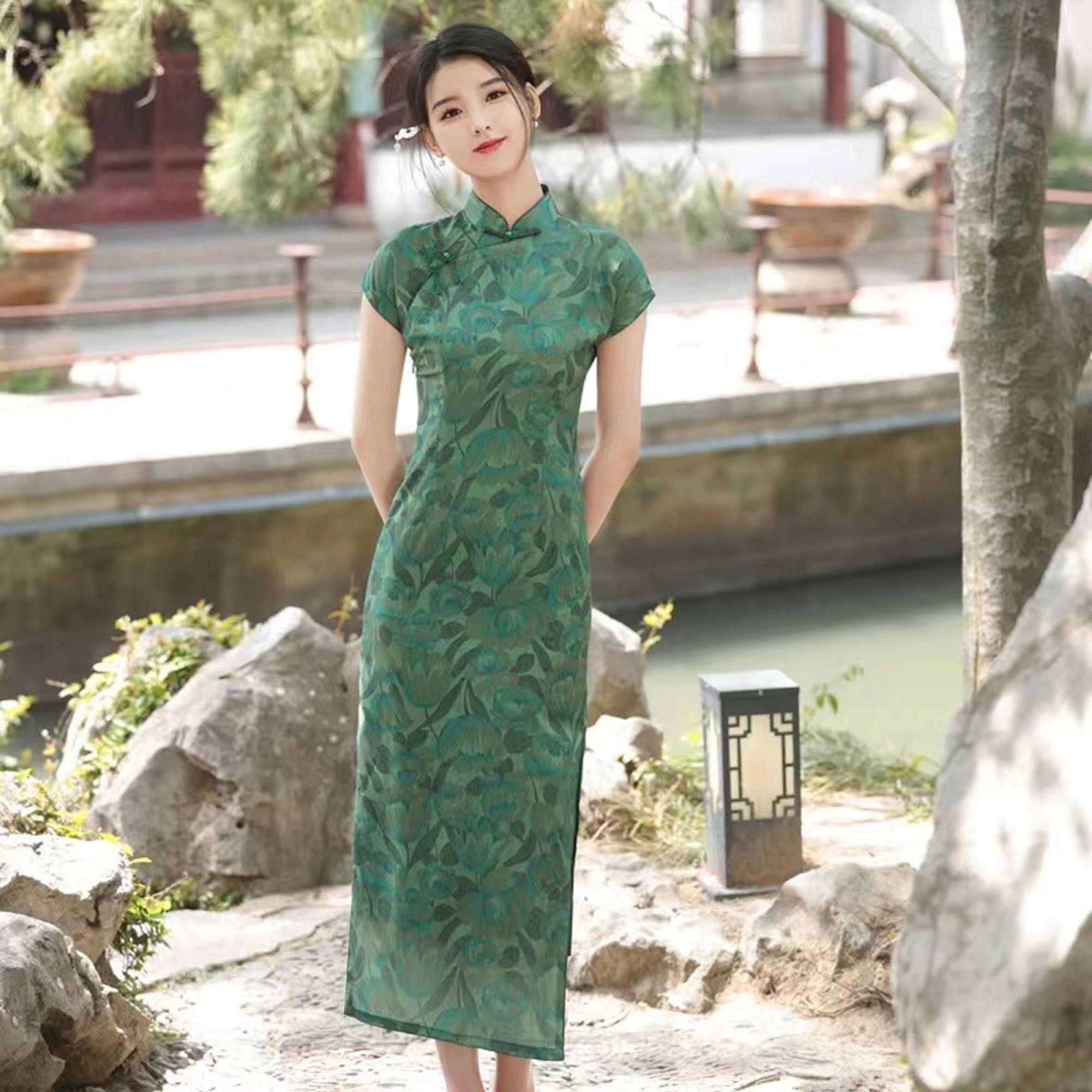 Blackish Green Qipao Chinese Cheongsam Dress Chinese Modern