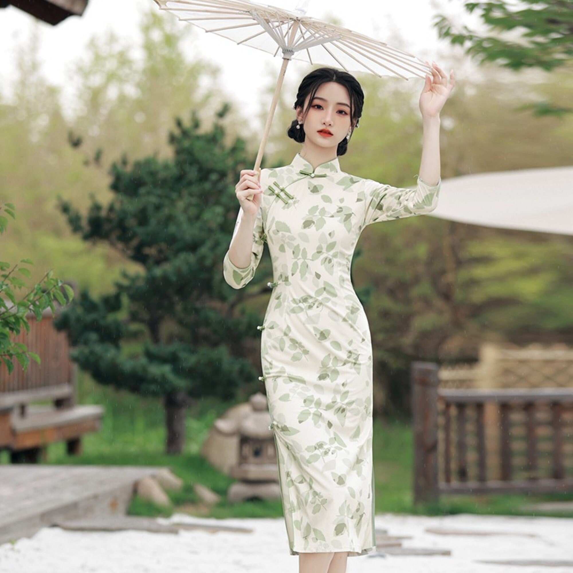 Green Leaves Qipao Vintage Cheongsam Dress Chinese Evening - Etsy