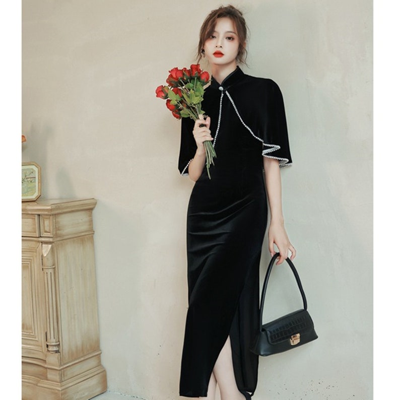 Black Cape Qipao Pearls Cheongsam Dress Chinese Cheongsam - Etsy