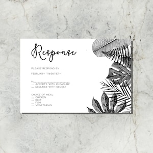 Cartão de resposta de casamento semi-personalizado tropical preto e branco para impressão