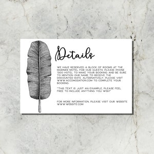 Cartão de detalhes de casamento semi-personalizado tropical preto e branco para impressão
