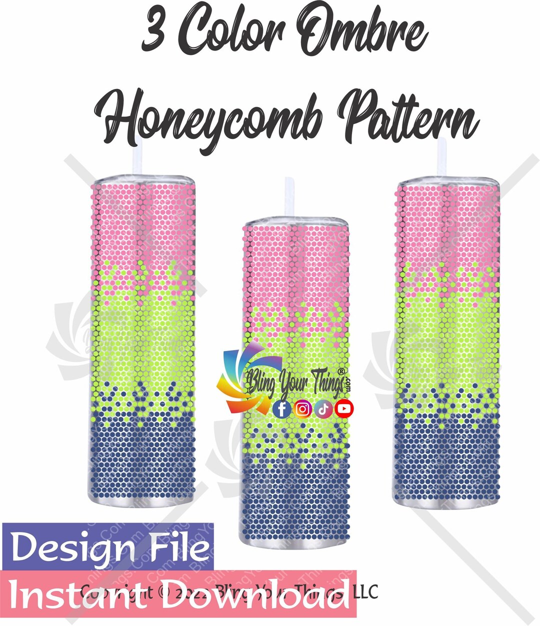 3 Color Ombre Rhinestone Tumbler Pattern for 20oz Tumbler, Flatback ...