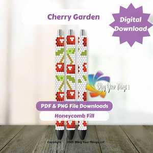 Cherry Garden Rhinestone Pen Pattern – SS10 Honeycomb Template PDF PNG – Fruit Bling Pen Design for DIY Crafting