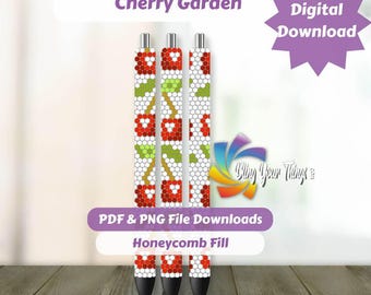 Patrón de bolígrafo con diamantes de imitación Cherry Garden – Plantilla de panal SS10 (PDF PNG) – Diseño de bolígrafo con frutas brillantes para manualidades DIY