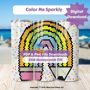 May include: Three stainless steel tumblers with a colorful pencil design. The pencil features a rainbow-colored eraser and a honeycomb fill design. The text "Color Me Sparkly" and "Digital Download" are also visible.