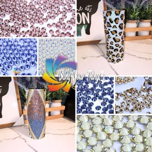 May include: A collage of images showcasing different colors and styles of rhinestones. The rhinestones are shown in close-up views and are arranged in a variety of patterns. The rhinestones are perfect for adding sparkle and shine to any project.