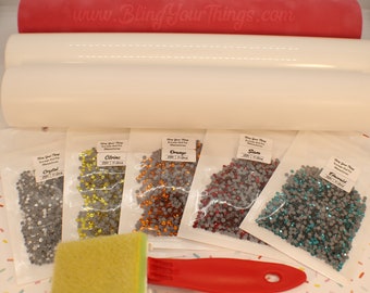 HotFix Rhinestone Kit, 50 Gross Glass Rhinestones, 1 Yard Rhinestone Flock - 1 Yard HotFix Tape  Rhinestone Brush