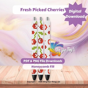 Fresh Picked Cherries Rhinestone Pen Pattern – SS10 Honeycomb Pen Template PDF PNG – Fruit Bling Pen Design for DIY Crafts