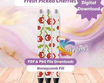 Patrón de bolígrafo con diamantes de imitación de cerezas recién recogidas – Plantilla de bolígrafo de nido de abeja SS10 PDF PNG – Diseño de bolígrafo con brillo de frutas para manualidades DIY