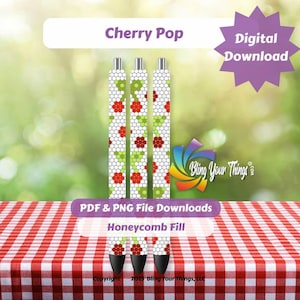 Cherry Pop Rhinestone Pen Pattern – SS10 Honeycomb Pen Template PDF PNG – Bold Fruit Bling Design for DIY Pen Makers