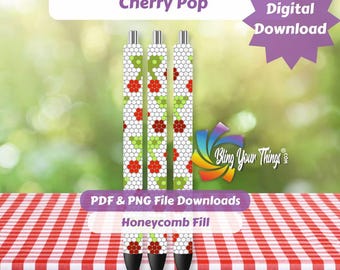 Patrón de bolígrafo con diamantes de imitación Cherry Pop – Plantilla de bolígrafo con diseño de panal SS10 (PDF PNG) – Diseño llamativo y frutal para creadores de bolígrafos DIY