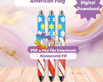 American Flag Rhinestone Pen Pattern – SS10 Honeycomb Pen Template PDF PNG – Red White Blue Bling for 4th of July DIY Pens