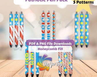 Rhinestone Pen Patterns 5 Pack - American Flag Designs - SS10 Honeycomb Pen Templates PDF PNG - 4th of July Bling Crafts