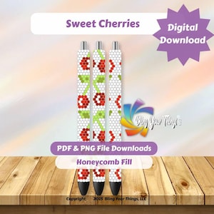 Sweet Cherries Rhinestone Pen Pattern – SS10 Honeycomb Pen Template PDF PNG – Cute Fruit Bling for DIY Pens & Summer Crafts
