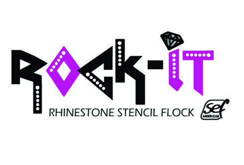 May include: Black and purple logo with the text "Rock-It" and the words "Rhinestone Stencil Flock" below. A diamond shape is in the middle of the logo. The logo is on a white background. The text "sef Americas" is in the bottom right corner.