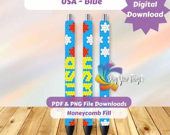 USA Blue Pen Pattern, Patriotic Rhinestone Pen Wrap, Red White Blue Sparkle Design, 4th of July Pen Template, Easy Bling DIY for Crafters