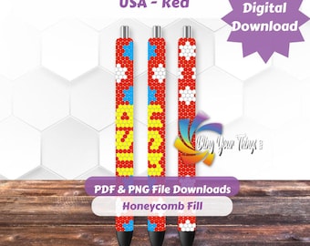 USA Red Pen Pattern, Patriotic Rhinestone Pen Wrap, Red White Blue Pen Design, 4th of July Bling DIY, Easy Craft Template for Sparkly Pens