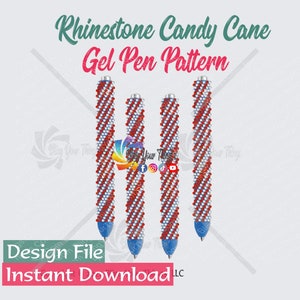 May include: A digital pattern for creating a rhinestone candy cane gel pen. The pattern shows three pens with red, white, and blue stripes.