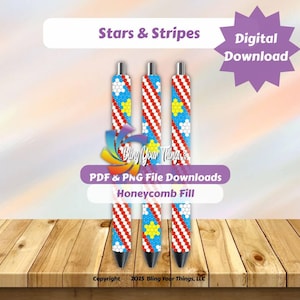 May include: Three pens with a patriotic design featuring red and white stripes, blue honeycomb patterns, and yellow star accents. The image includes the text "Stars & Stripes" and "Digital Download."