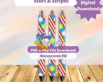 Stars and Stripes Pen Pattern – SS10 Rhinestone Honeycomb Template PDF PNG – 4th of July Red White Blue Bling Pen Design