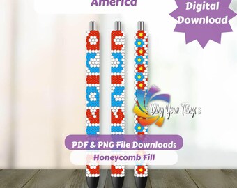 America Rhinestone Pen Pattern – SS10 Honeycomb Pen Template PDF PNG – Patriotic Bling Craft for 4th of July DIY Pens