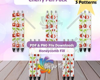 Rhinestone Pen Patterns 5 Pack – Cherry Vine Designs – SS10 Honeycomb Pen Templates PDF PNG – Fruit Bling Crafts for DIY Pens
