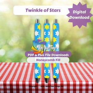 May include: Three blue pens with a honeycomb and star pattern. The pens have silver tips and black ink. The image includes the text "Twinkle of Stars" and "Digital Download". The background is a blurred green and red checkered tablecloth.