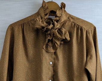 vintage 70's blouse | brown polka dot blouse with neck bow | small to medium | s - m