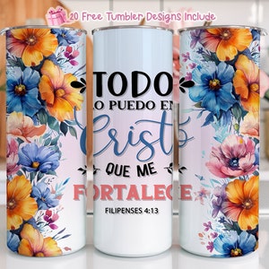 Cristiano 20oz Skinny Tumbler Wrap, Diseño de sublimación de versículos bíblicos en español, Descarga digital PNG, Religioso Jesús Dios Tumbler Wrap PNG